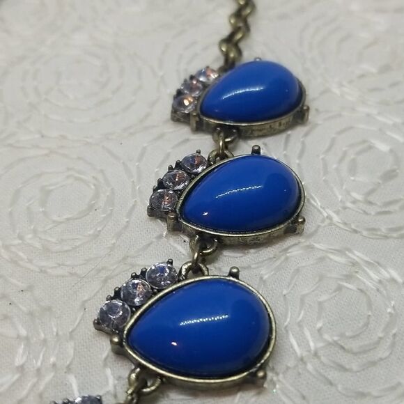 J.Crew Blue Necklace Oval Drop Rhinestone Link Station Statement Antique Gold - Picture 7 of 9